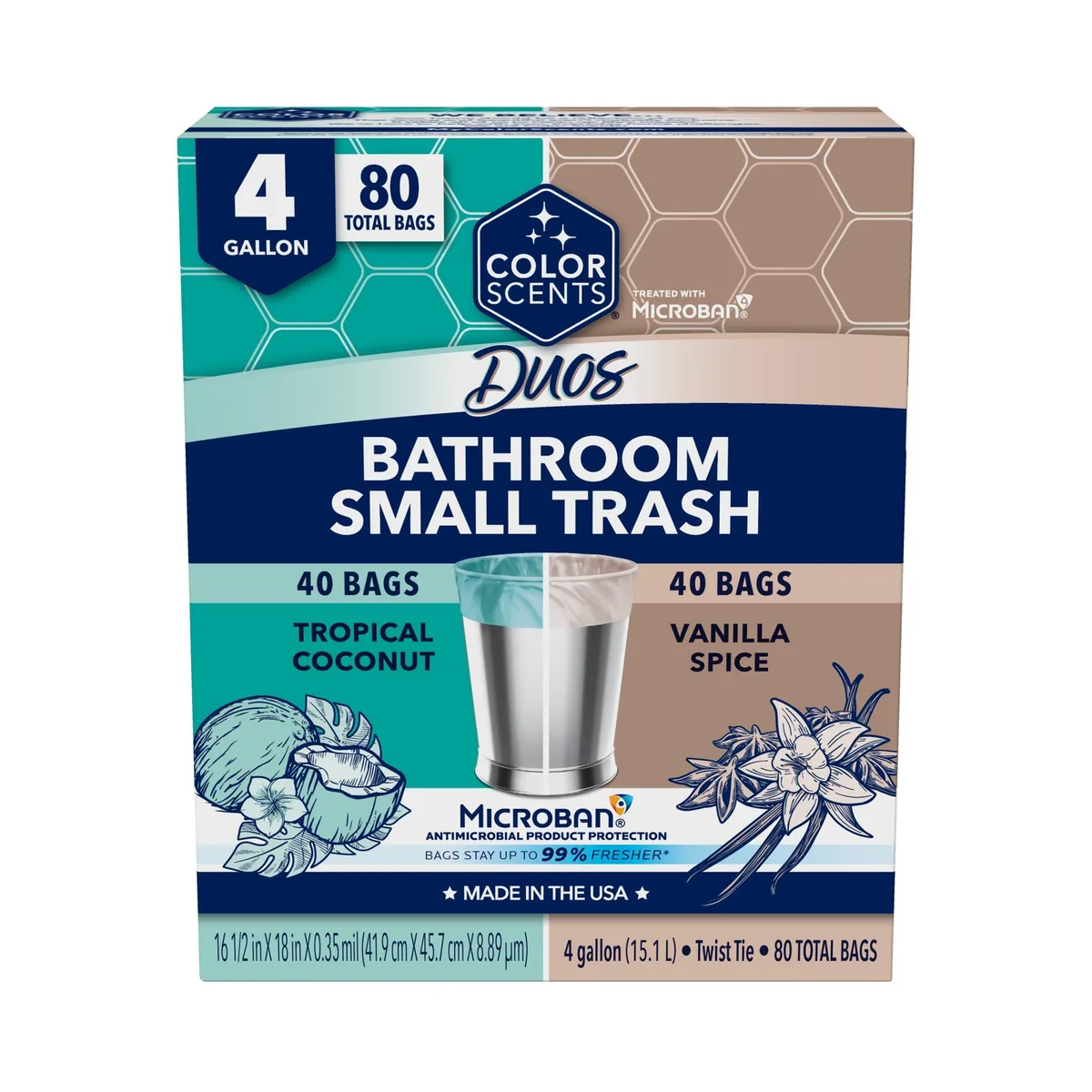 Color Scents Small Trash Bags 4 Gallon 80 Count Duo Scents Vanilla Spice Tropical Coconut — product photo