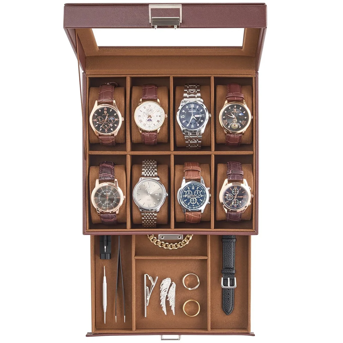 Espresso PU leather watch box with glass lid and drawer