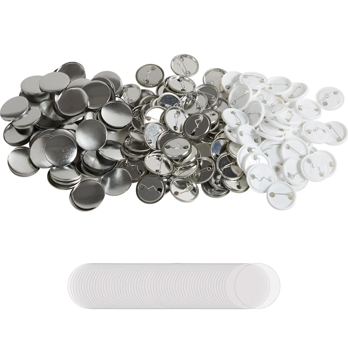 Boxed kit of 500 sets of 32mm pin-back button parts with metal covers, plastic and metal backs, clear films and blank paper