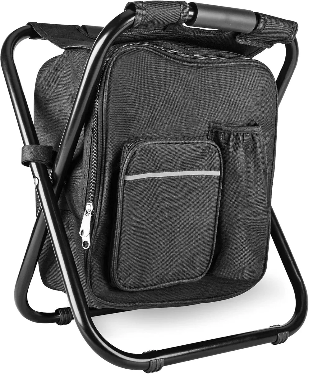 Black folding backpack stool cooler chair with steel frame and Oxford fabric finish