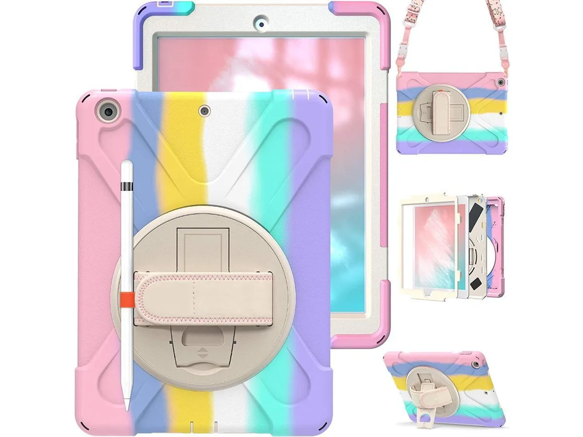 Pink protective iPad 9.7 inch case with 360 rotating kickstand hand strap shoulder strap pencil holder