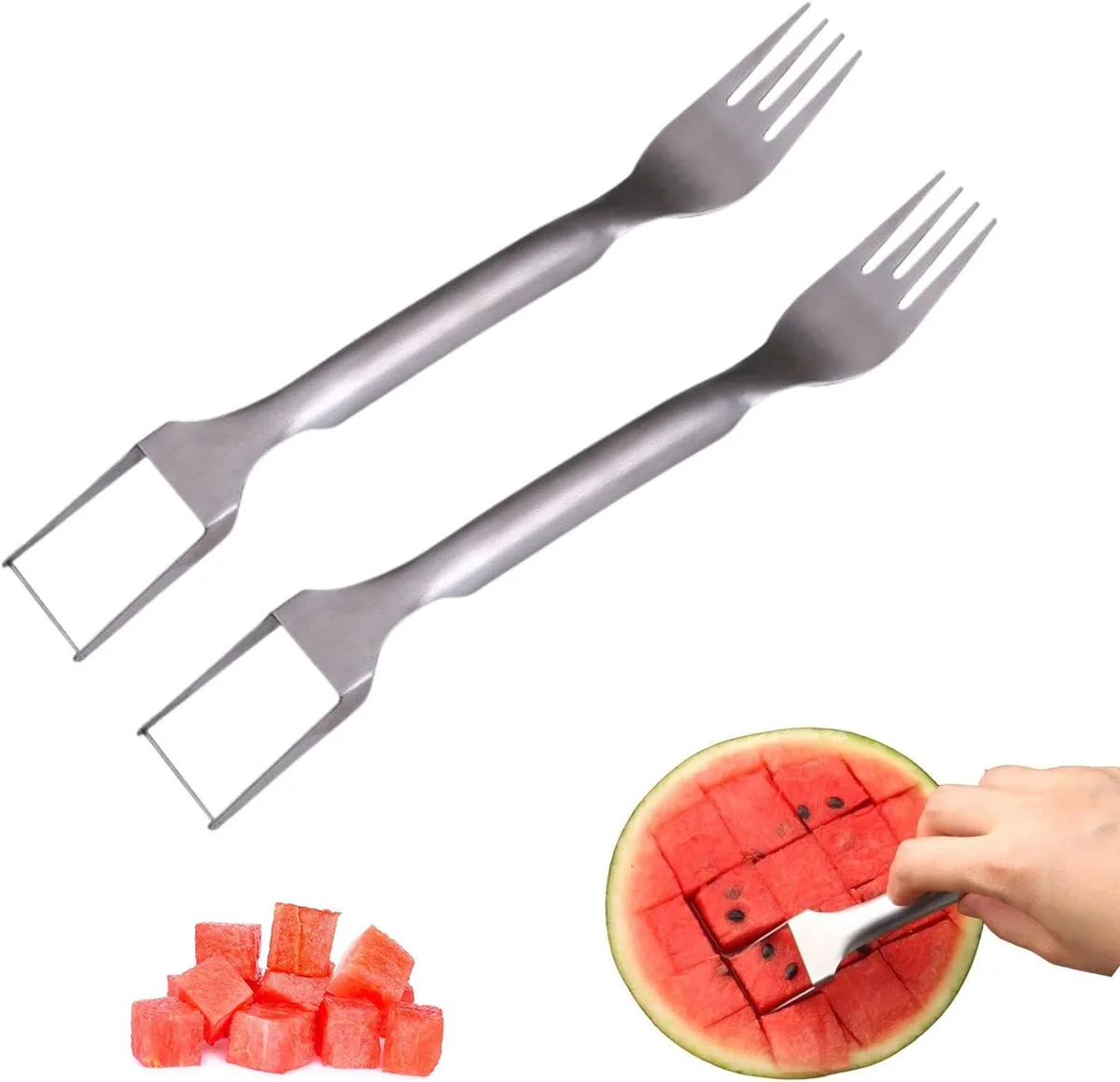 Two stainless steel watermelon fork slicers with dual heads and hollow handles