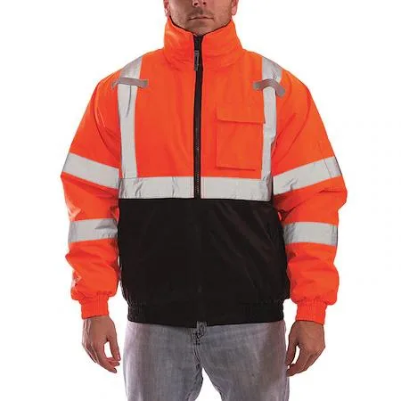 Orange hi-vis bomber jacket with black lower section and reflective stripes, packable hood in collar, zip front, five outer pockets