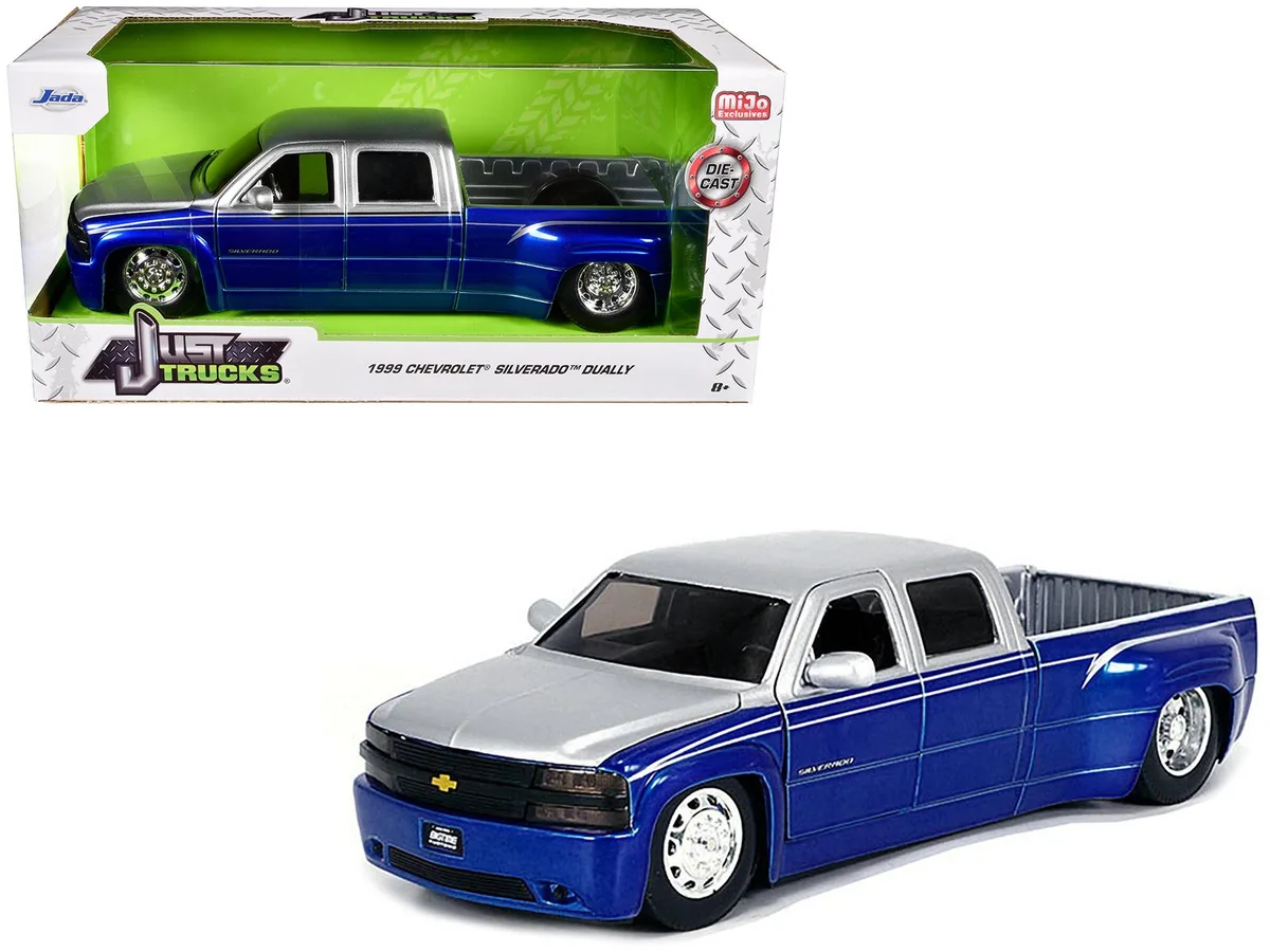 Jada Jada 1999 Chevrolet Silverado Dually 1/24 Diecast Truck Blue Metallic Silver — product photo