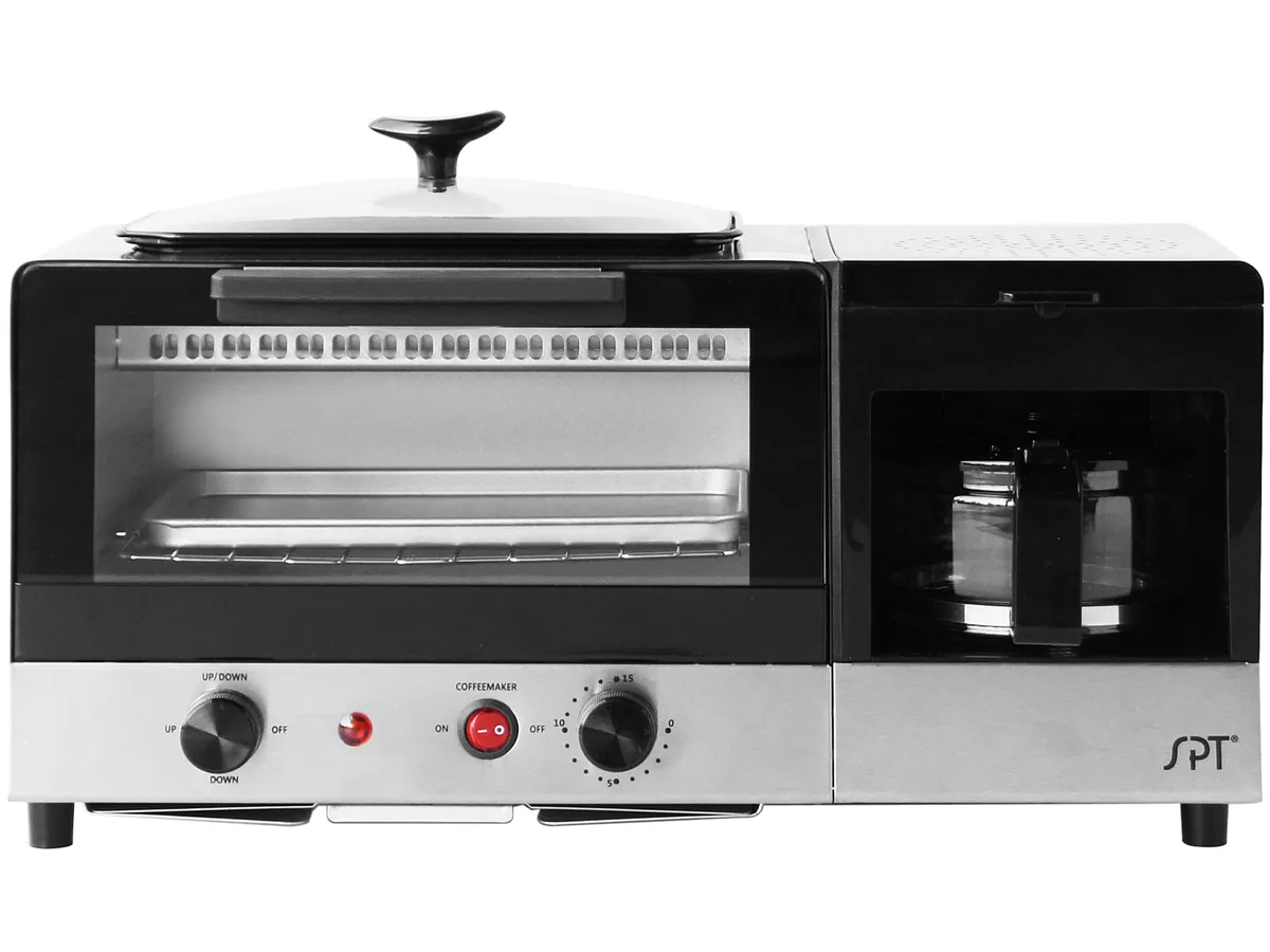 Compact black breakfast maker with stainless steel control panel, glass door and top griddle