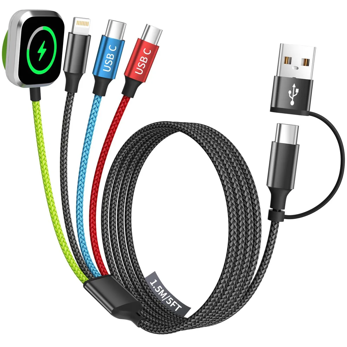 Firsting 4-in-2 Multi Charging Cable USB-A/C to iWatch Lightning USB-C 5ft Green Black Blue Red — product photo