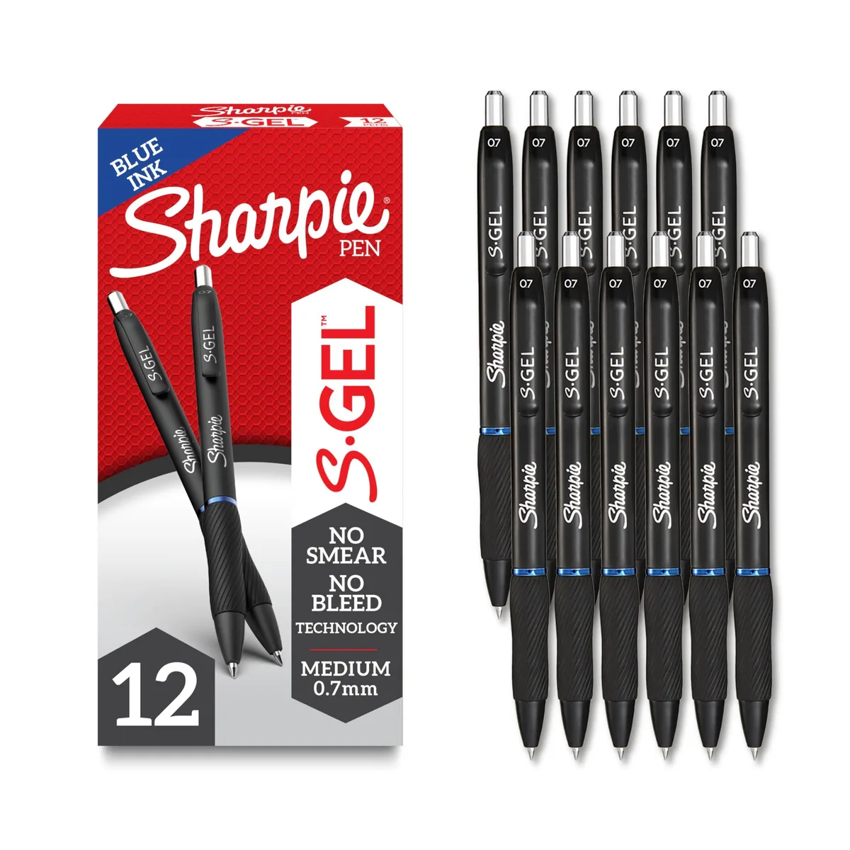 Twelve blue retractable gel pens with rubber grips in a pack