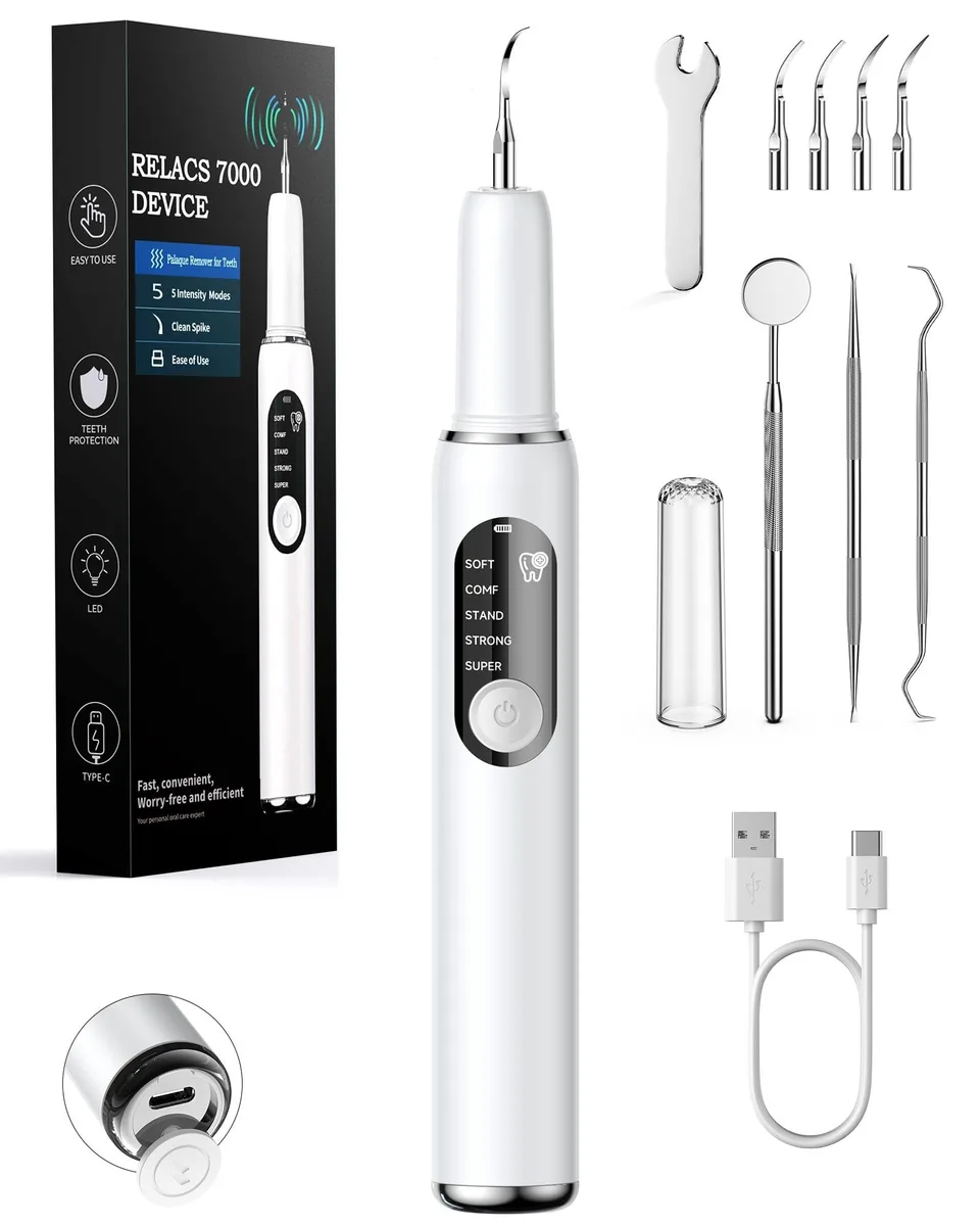 White Waterpik RELACS 7000 plaque remover with LED light and three replaceable heads