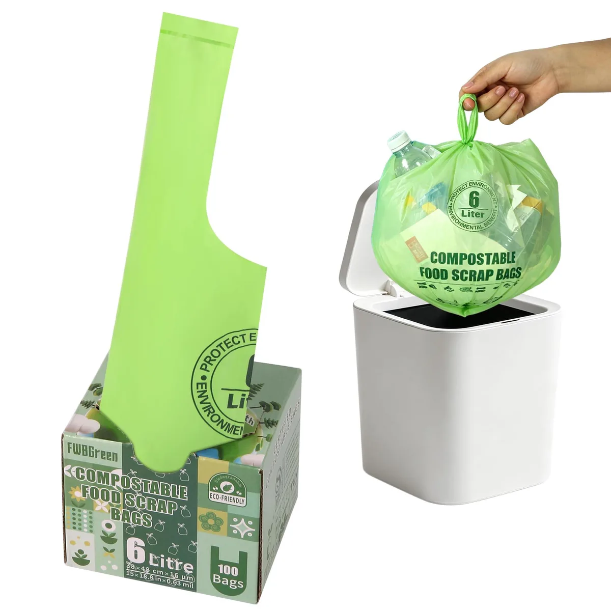Green compostable bag roll, 100 count, tie handles, 15 by 18.8 inches