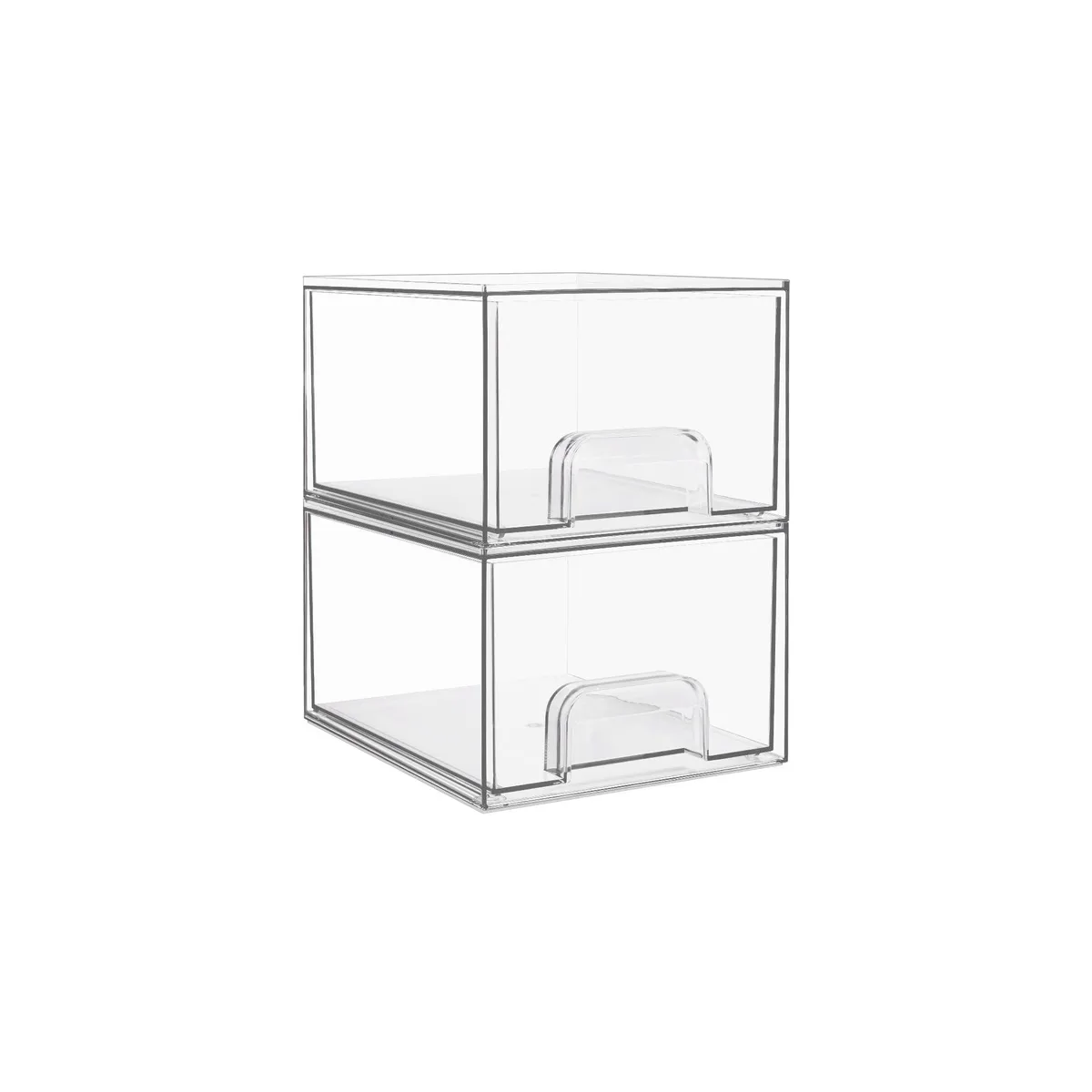 Two clear plastic stackable drawers with handles
