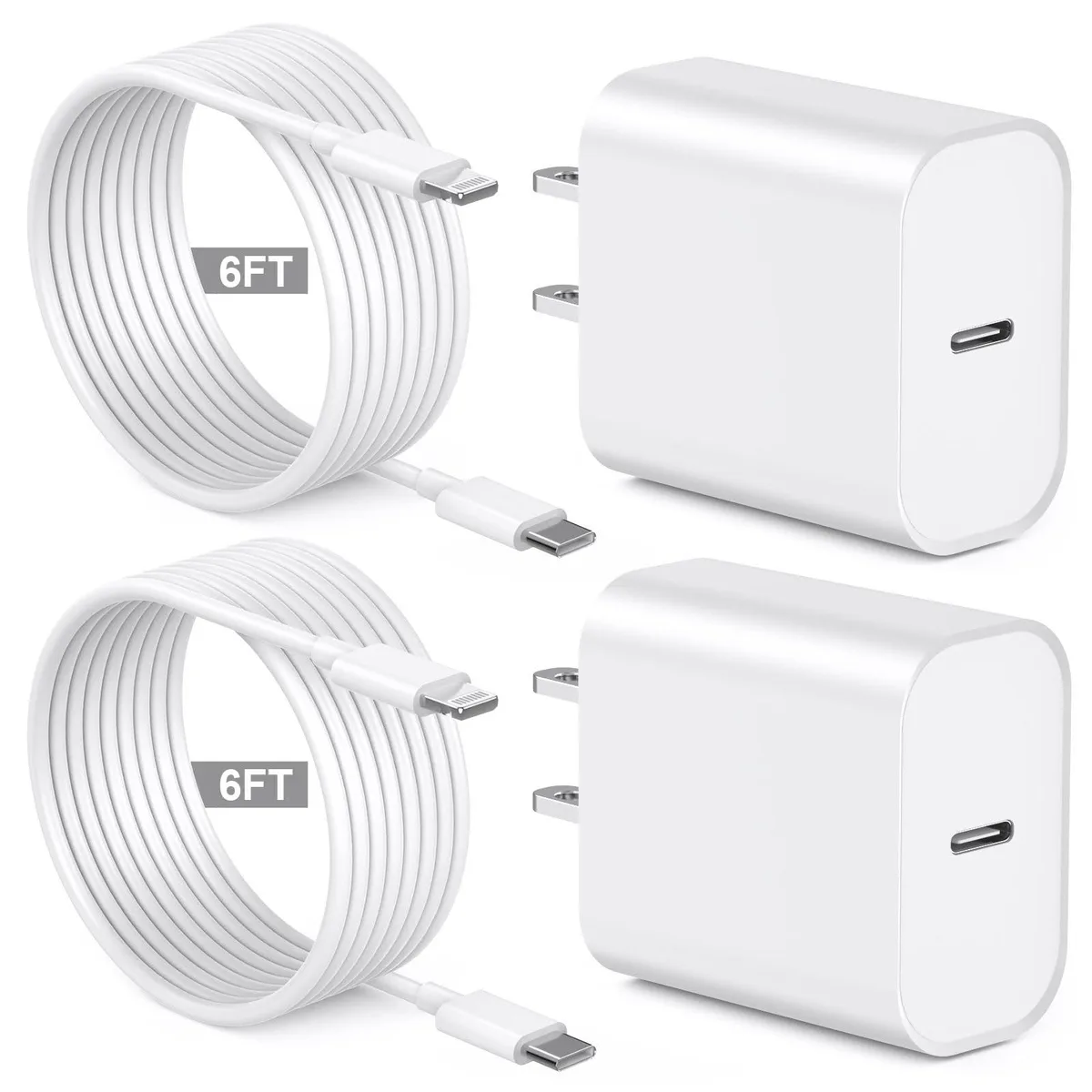Two white USB-C chargers with two 6 ft white Lightning cables