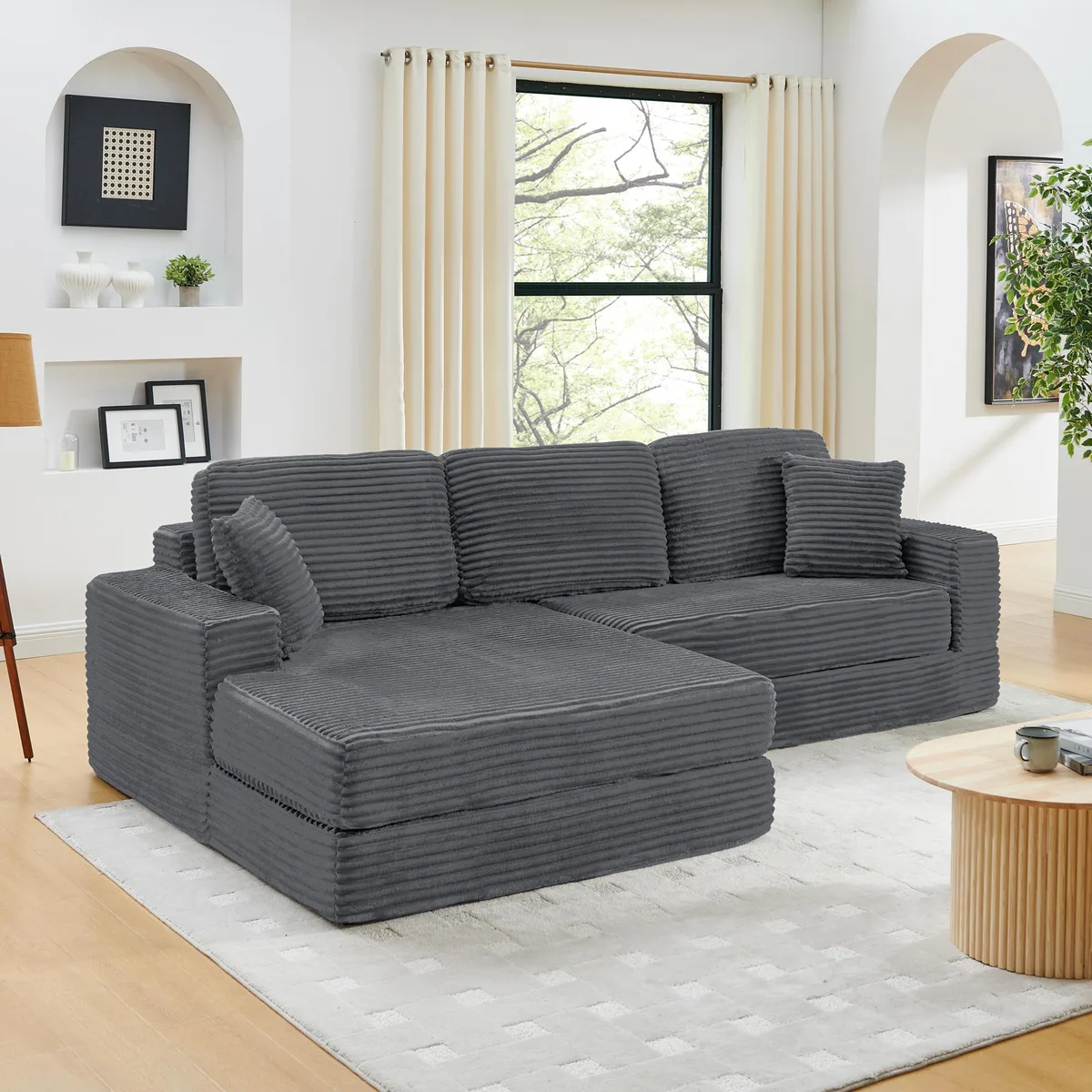Gray corduroy L-shaped modular sectional left seat, low-profile minimalist design