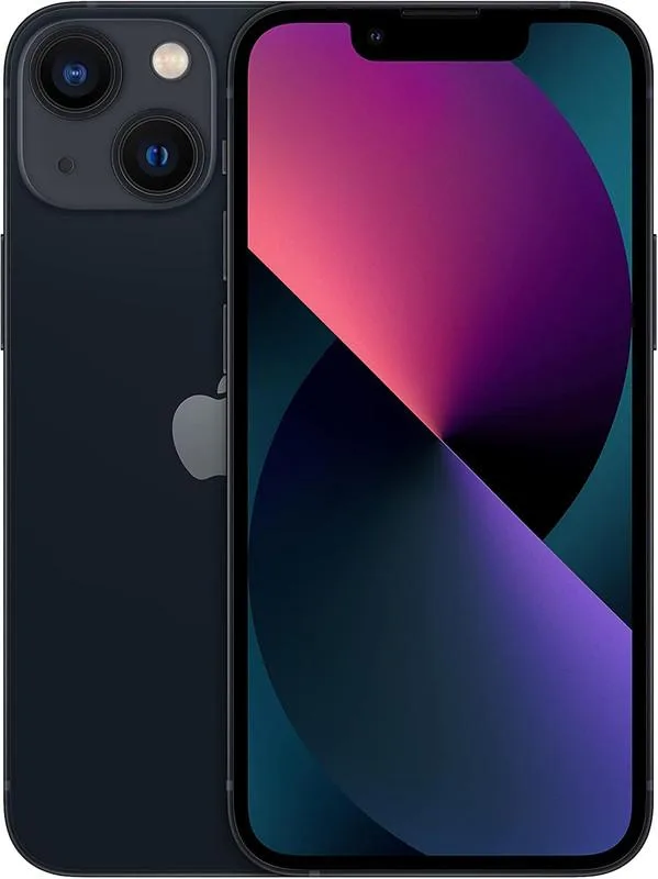 Compact new iPhone 13 Mini in dark Midnight finish with dual rear cameras