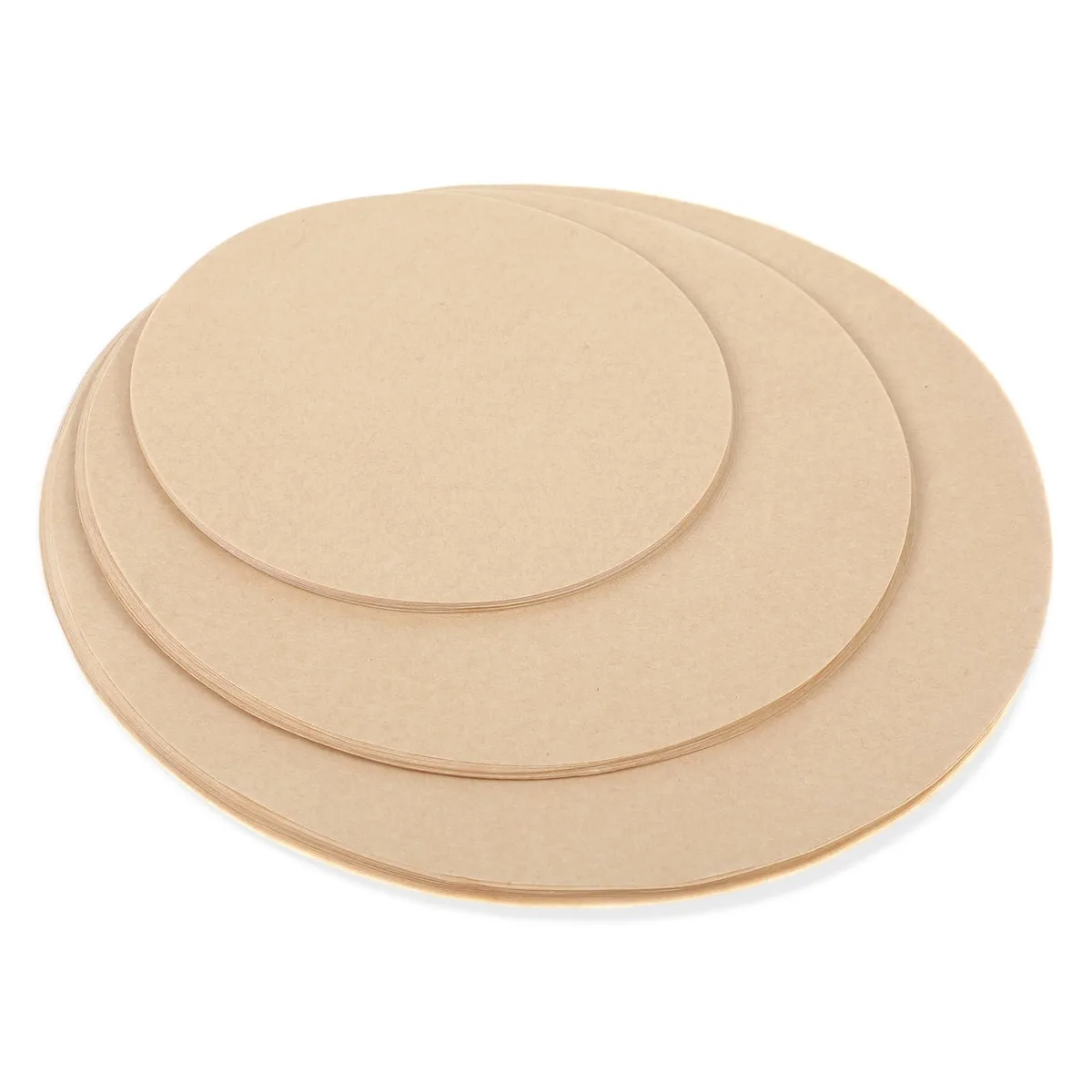 Stack of 150 round beige parchment paper sheets in three sizes