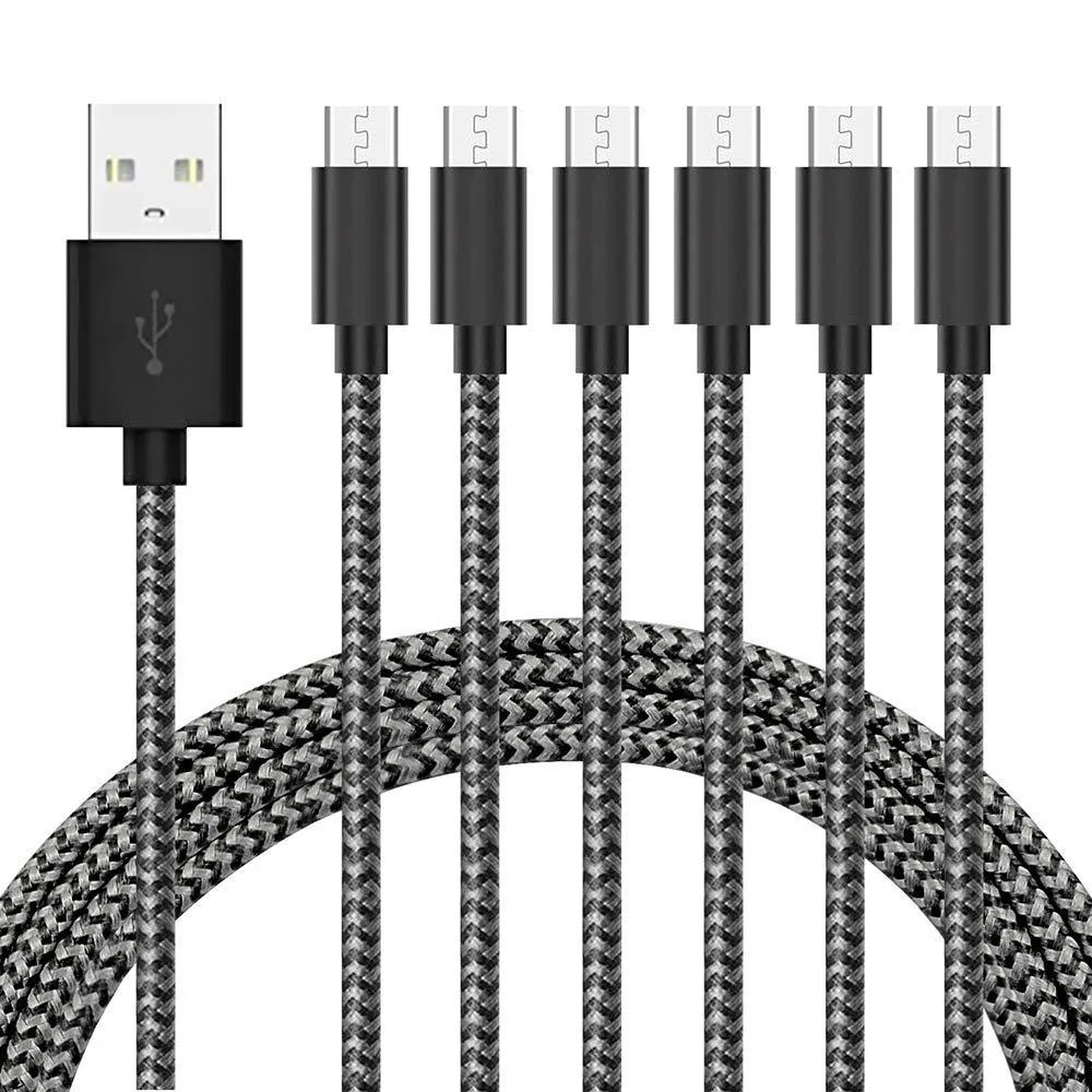Six black nylon-braided Micro USB cables coiled together