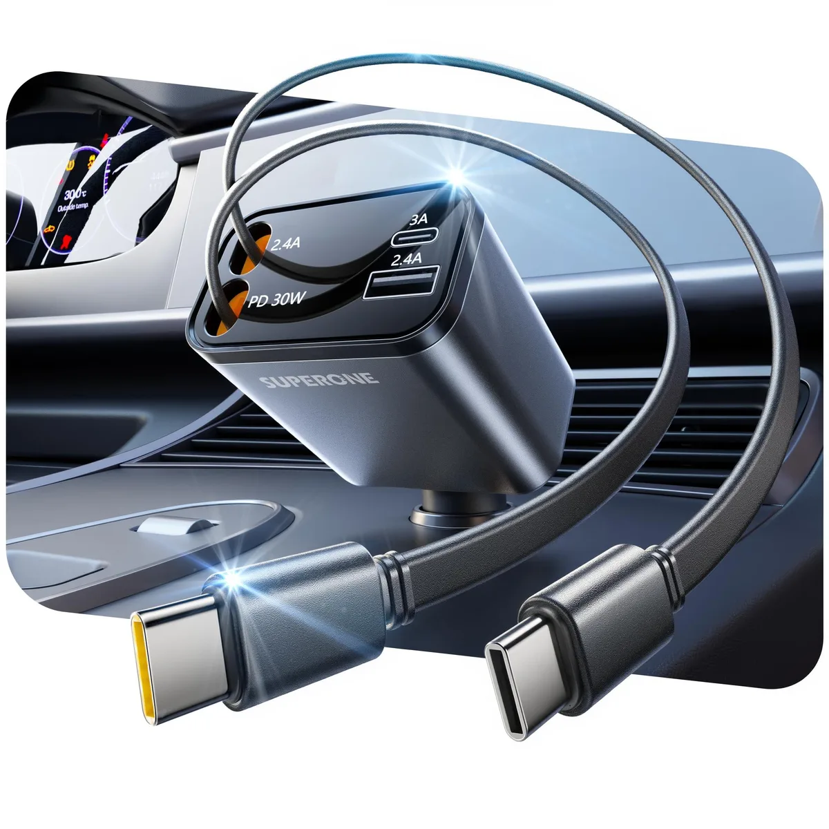 Compact black car charger with two retractable Type-C cables and rotating head