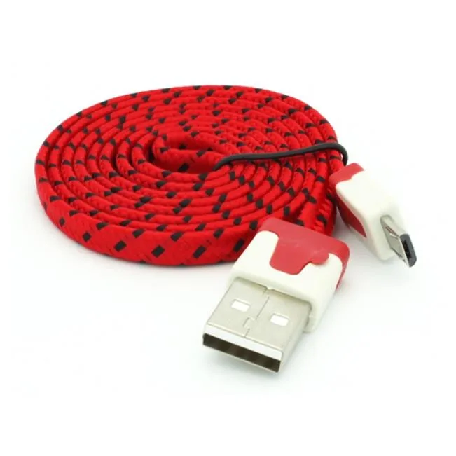 Red braided flat Micro USB cable, 100 cm