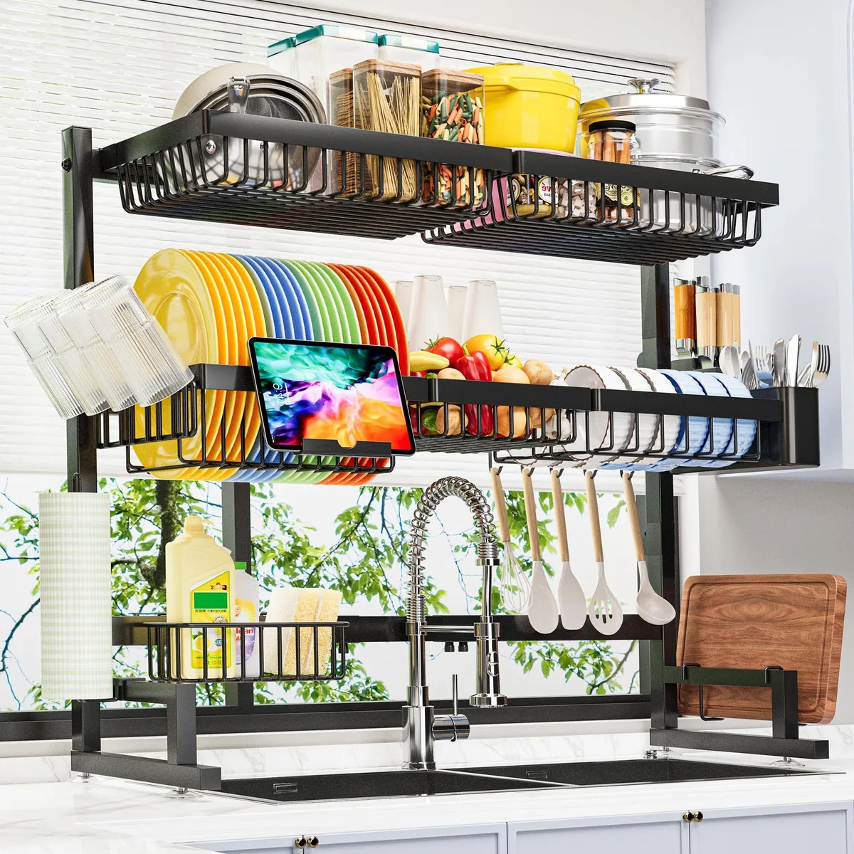 Red plastic two-tier dish rack with adjustable length and height, 11 pieces, countertop mount