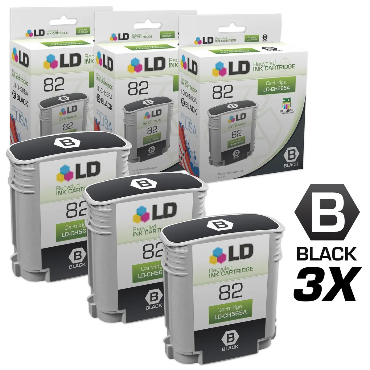 LD Products LD Products HP 82 (CH565A) Black Ink Cartridges 3-Pack for DesignJet 111 510 — product photo