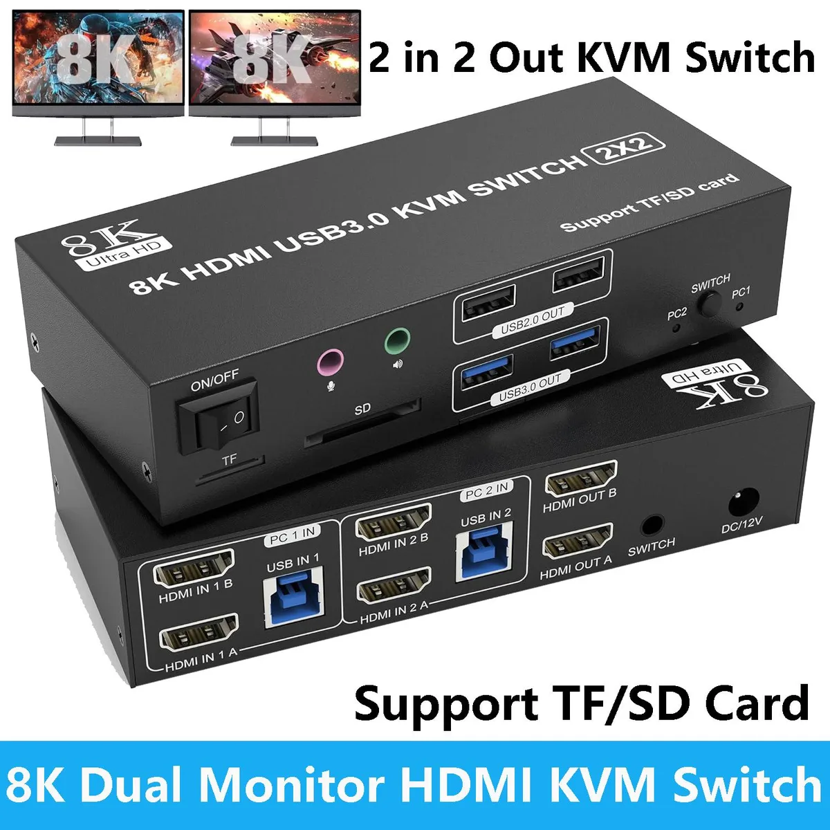 Hitoor Hitoor 2-in-2-Out HDMI KVM Switch 8K60 4K120 4 USB Audio SD — product photo