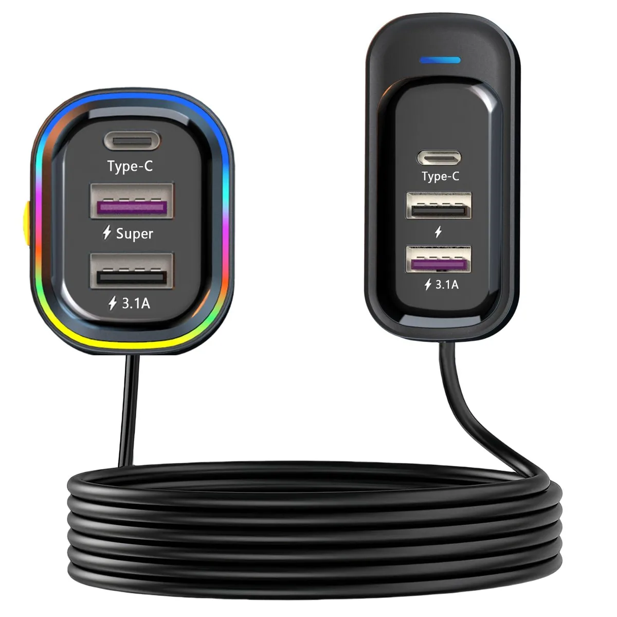 Black rectangular car charger with six USB ports and a long coiled cable attached to a cigarette lighter plug