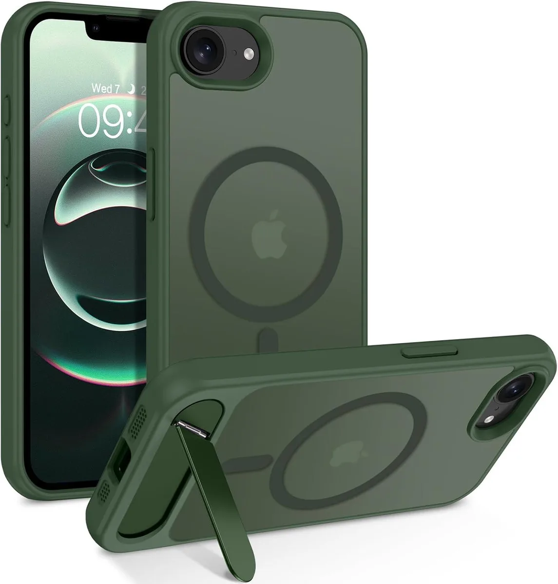 Deep green translucent iPhone 16e case with metal kickstand