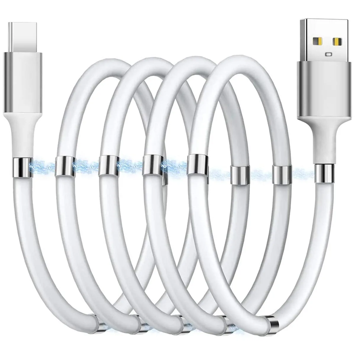 White magnetic USB-C cable coiled into a tidy loop