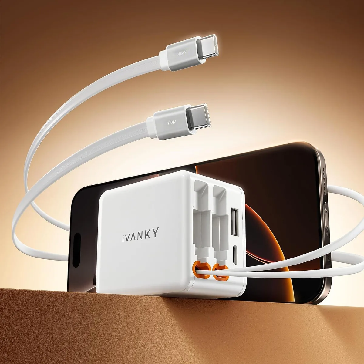 ONITOON ONITOON 4-in-1 Retractable GaN Wall Charger 45W USB-C Dual Cable 4-Port for iPhone 17 Air 16 15 14 Pro Max — product photo