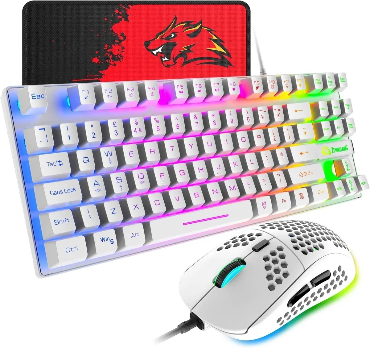 AUTYUE AUTYUE 88-Key Rainbow Backlit Mechanical Feel Gaming Keyboard &amp; Mouse Combo (White) — product photo