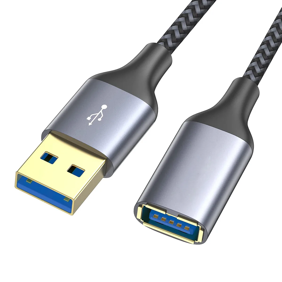 Gray nylon braided USB 3.0 extension cable 10 ft with gold-plated USB A male to female connectors