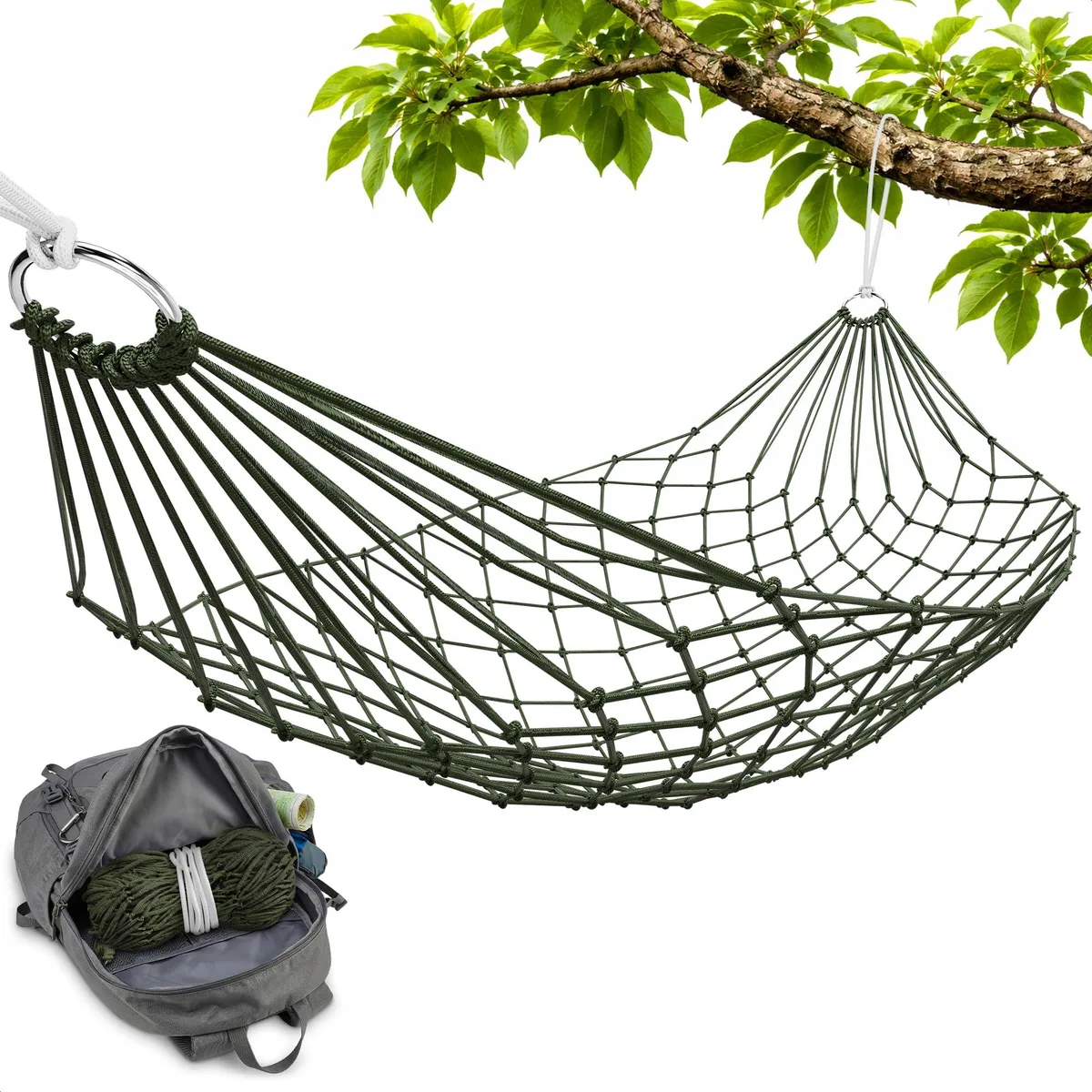 Dark green nylon mesh hammock, rectangular net bed with metal rings at each end