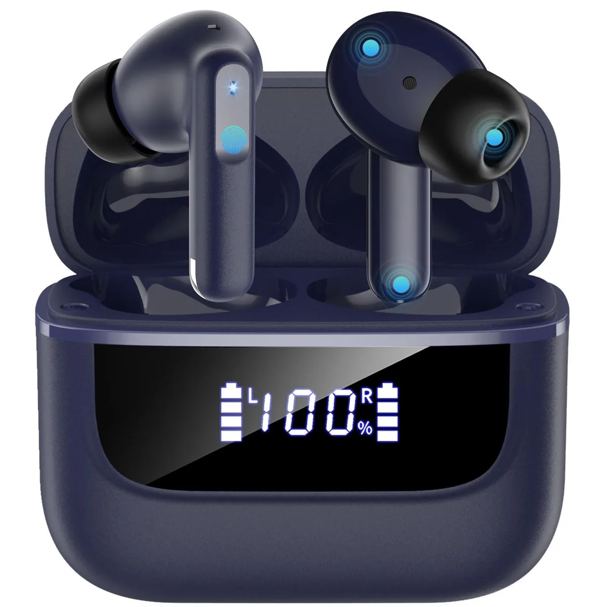 White wireless earbuds in a matching charging case with a dual LED display on the front