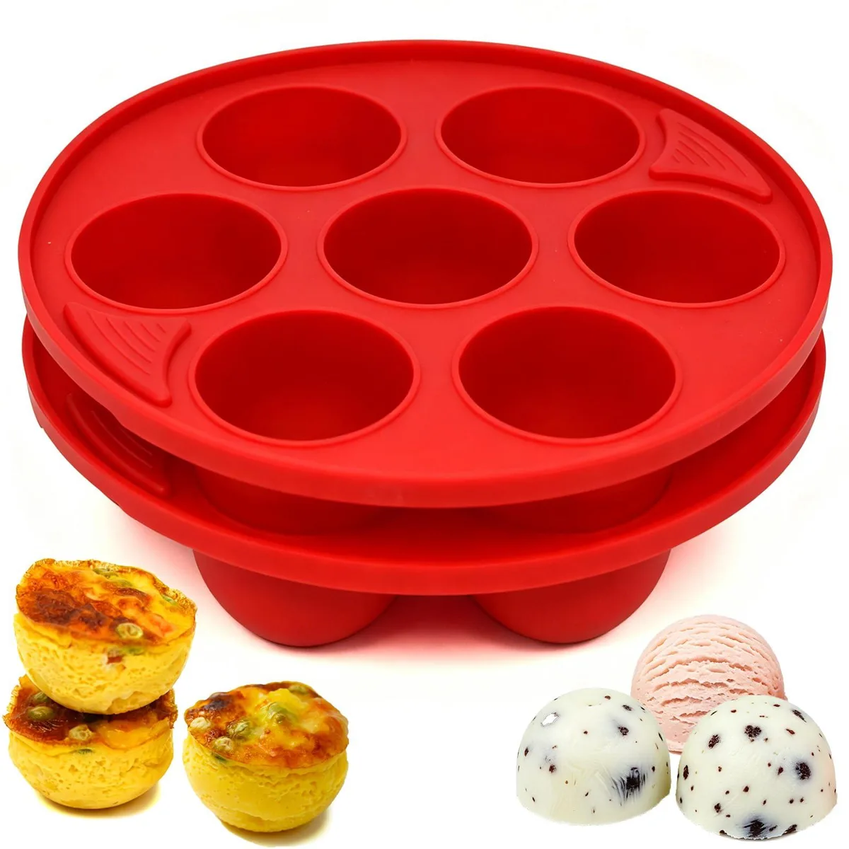 Two red silicone egg bite molds, each with seven round cavities