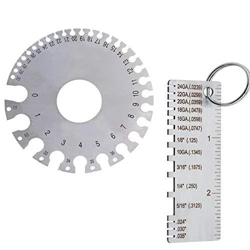 Two stainless steel welding gauges, one round dual-sided AWG SAE gauge and one flat sheet thickness gauge with etched markings