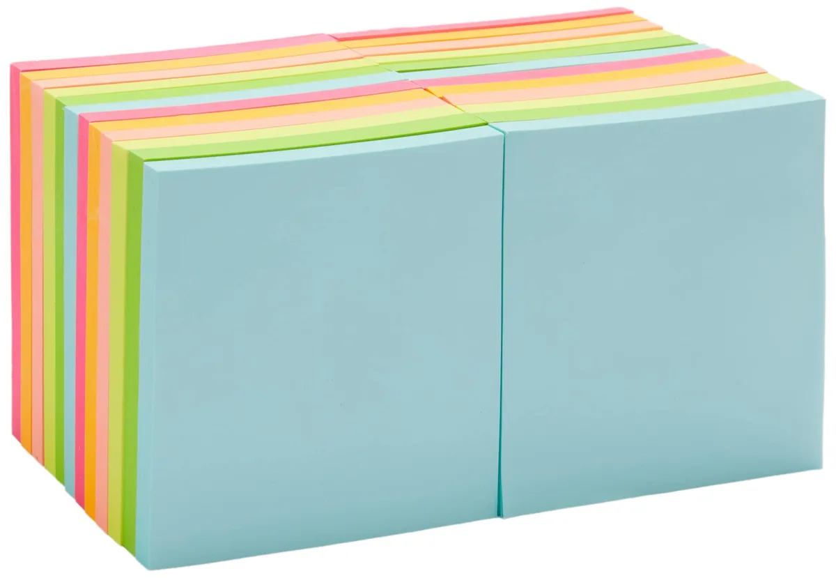 Twenty-four square sticky-note pads in assorted bright colours, 3 by 3 inches, 70 sheets each