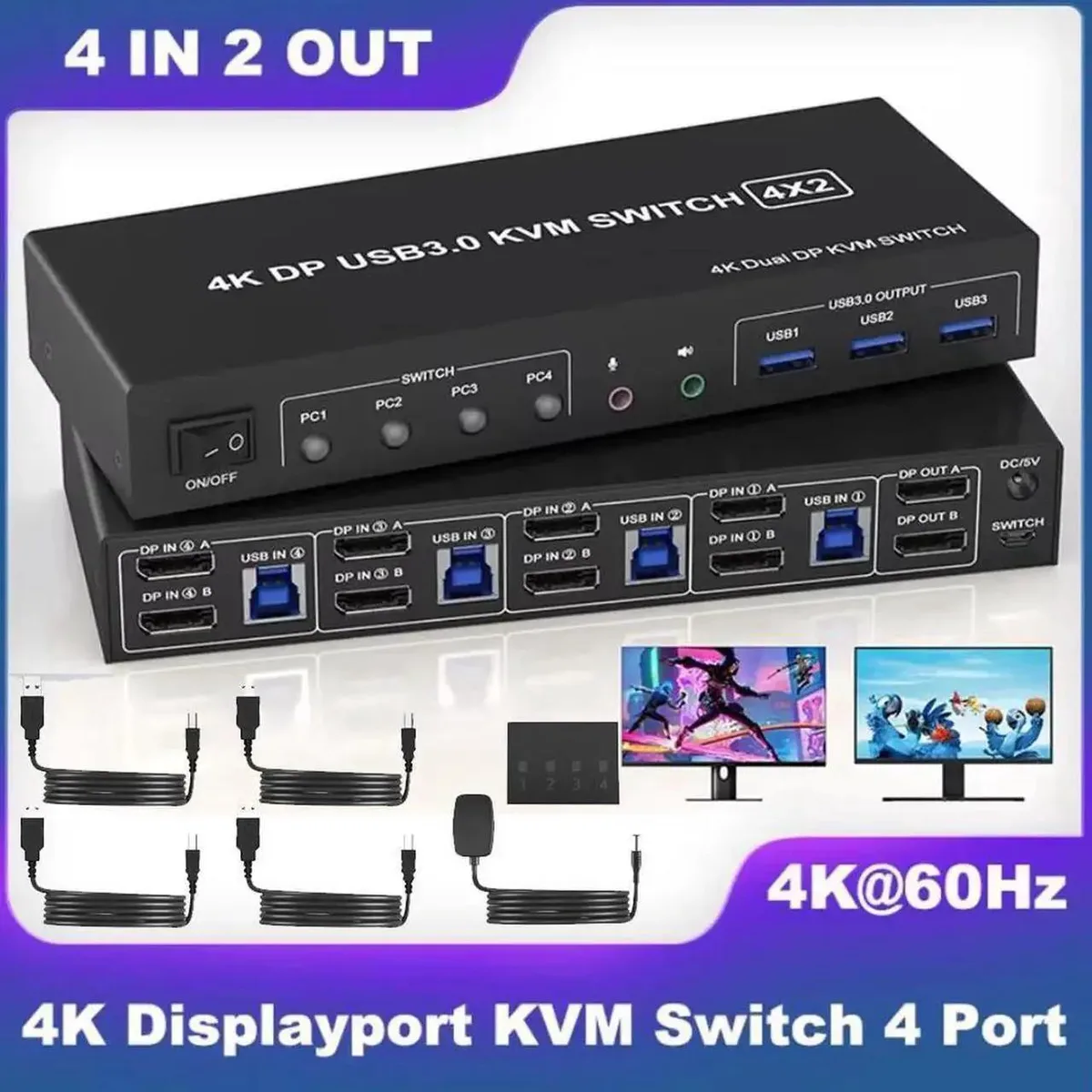 Vszerda Vszerda USB 3.0 DP Dual Monitor KVM Switch 4 PCs 2 Monitors 4K 60Hz — product photo