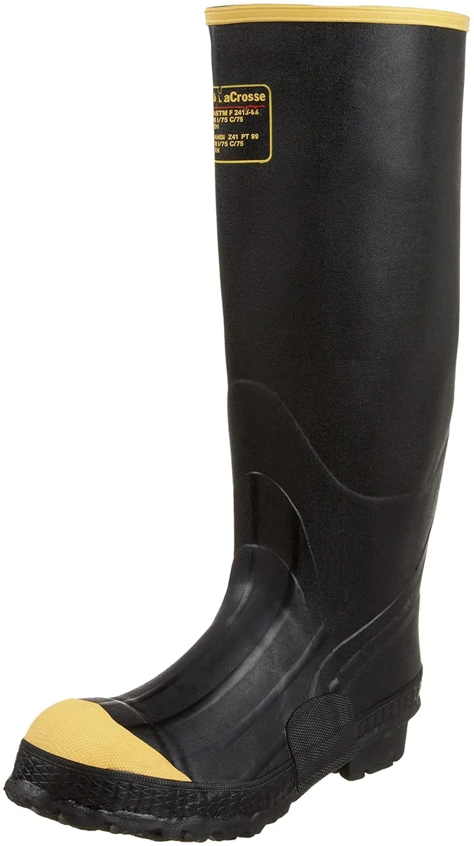 Black rubber knee-high work boot with steel toe cap