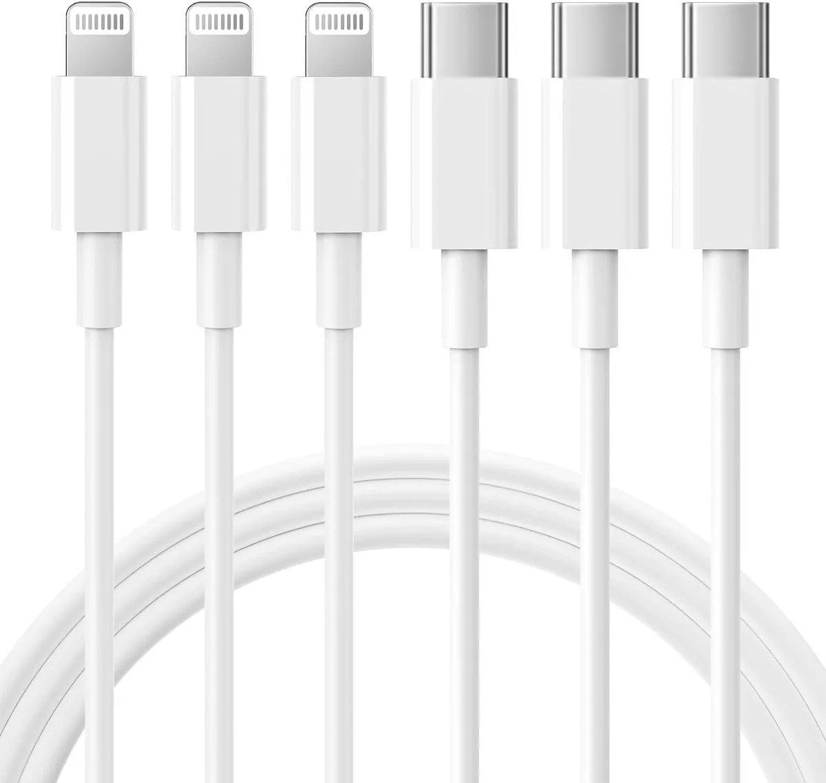 Three white USB-C to Lightning cables coiled together, 6 ft each