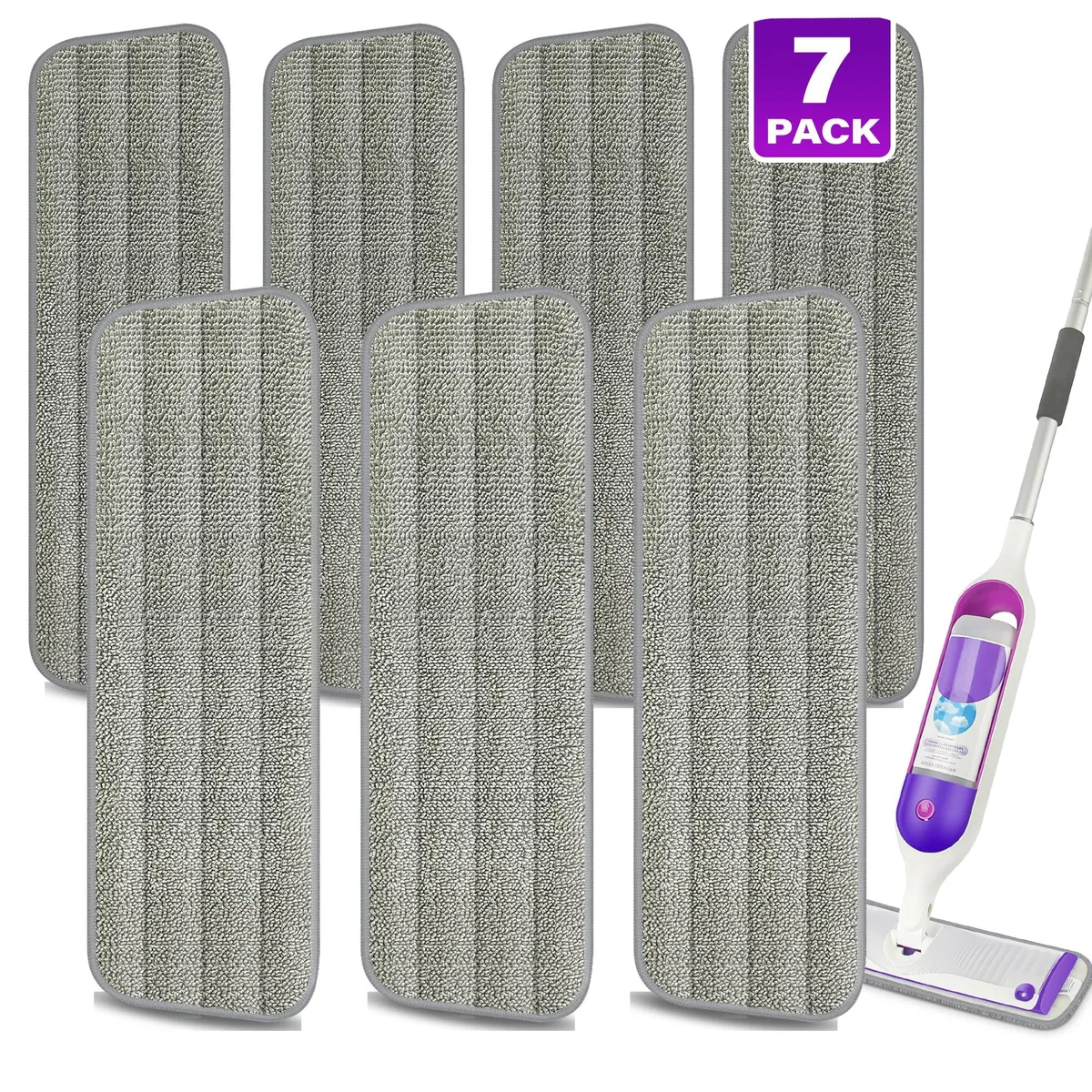 Seven grey microfiber mop pads, rectangular 15.3 by 5.1 inches, folded in clear bag