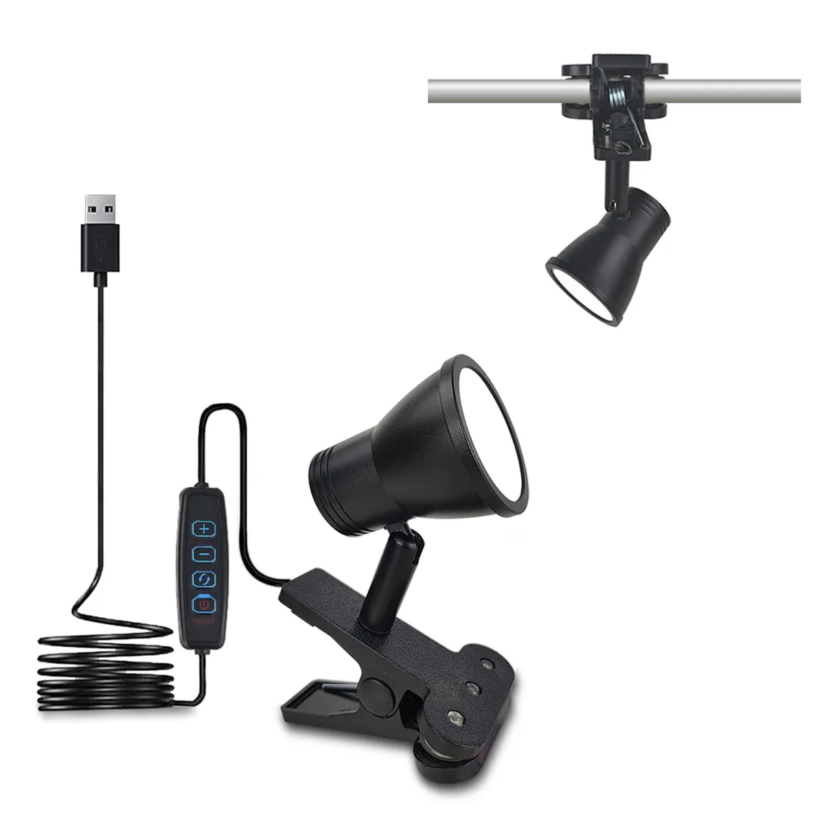 Small black aluminium LED clip lamp with 360° rotating head, rectangular shape, 3.5 by 2.4 by 4.5 inches