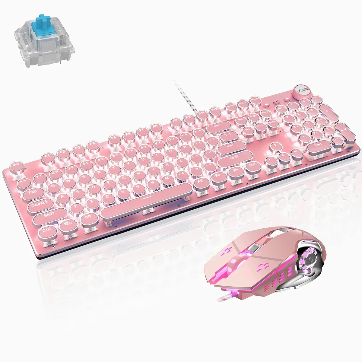  Basaltech Retro Mechanical Gaming Keyboard Mouse Combo Pink 104-Key Blue Switch — product photo