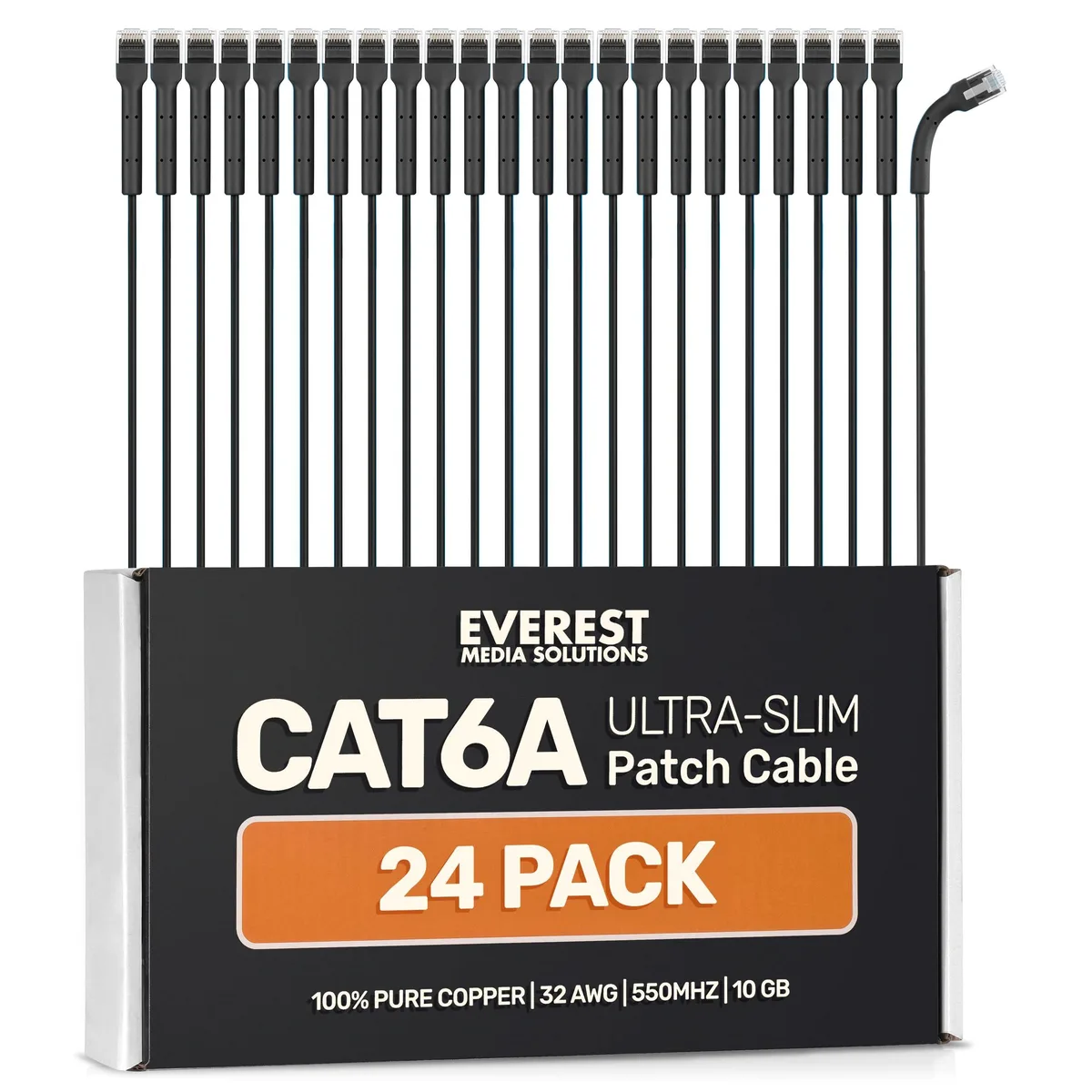  Everest Media Solutions Ultra Slim Cat6a Ethernet Patch Cable 0.5ft 24-Pack Black 32AWG 550MHz 10GB — product photo
