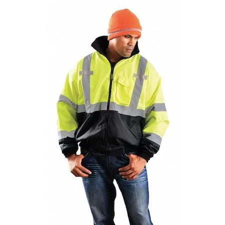 Yellow polyester bomber jacket size 5XL with packable hood and reflective U-stripe pattern