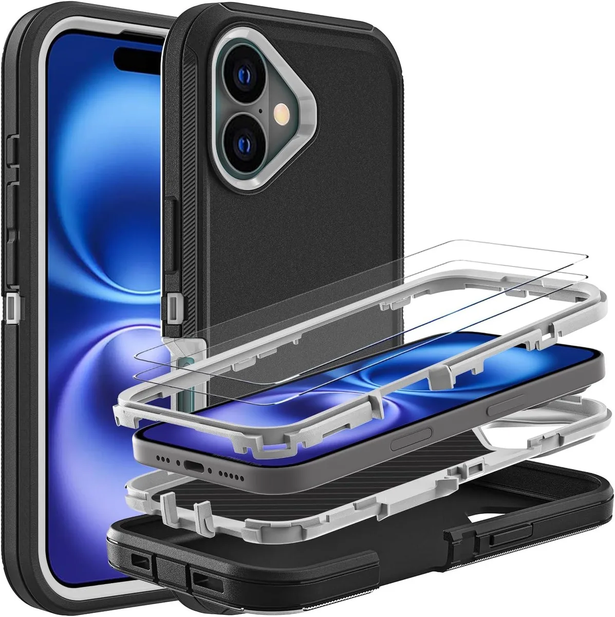 Black and grey rugged iPhone 16 case with textured anti-slip finish