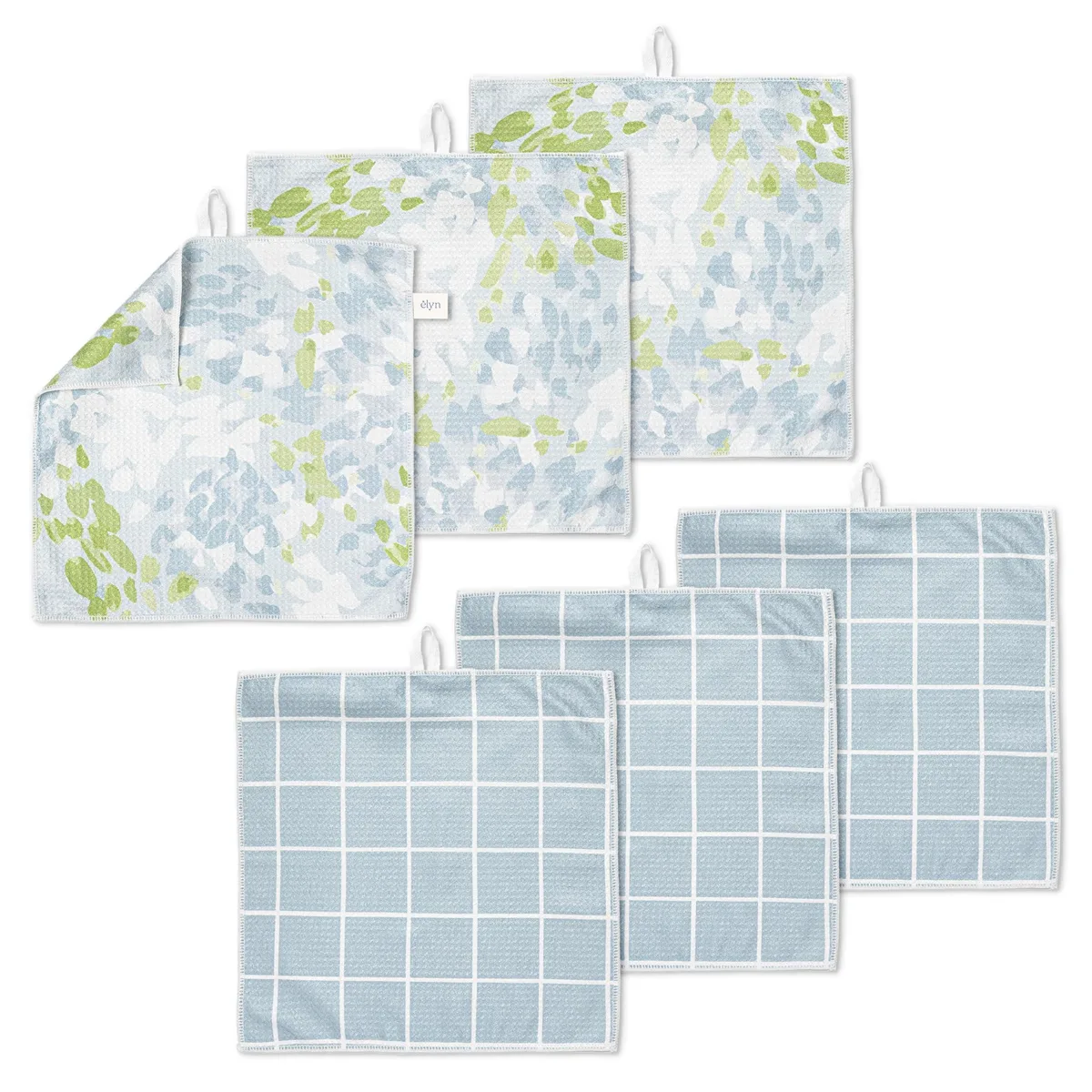 Six white microfiber cloths with floral and grid prints, waffle weave, hanging loops
