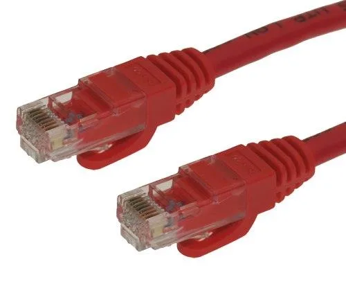 Red 9ft Cat6 Ethernet cable with snagless RJ45 connectors at both ends