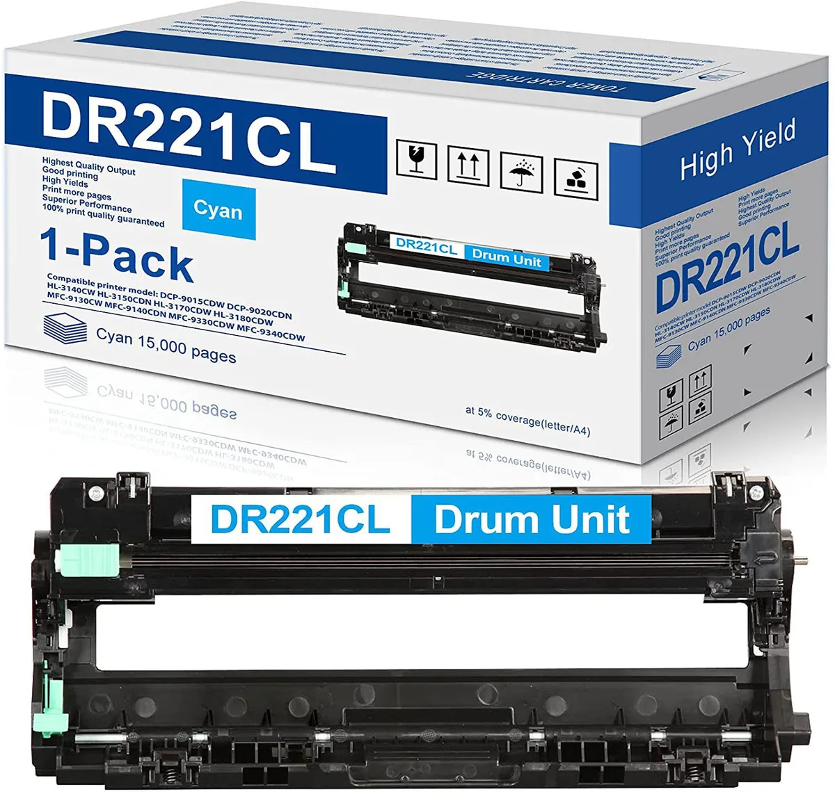 Cyan drum unit in rectangular plastic housing with green circuit board visible