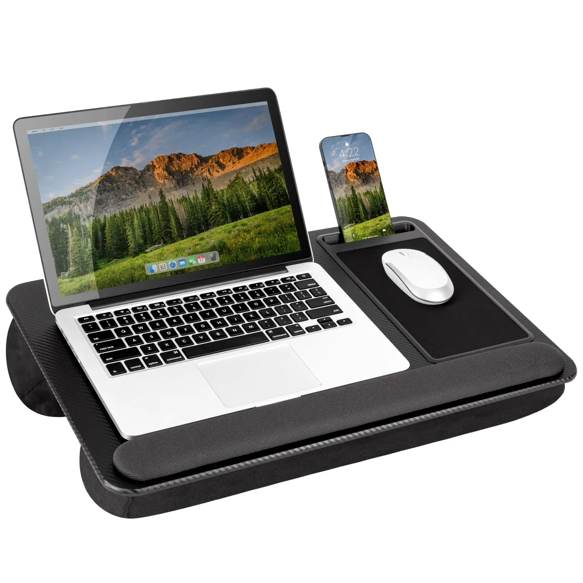 Black carbon laminate lap desk with cushioned wrist rest, mouse pad, phone slot, dual bolsters, carrying handle
