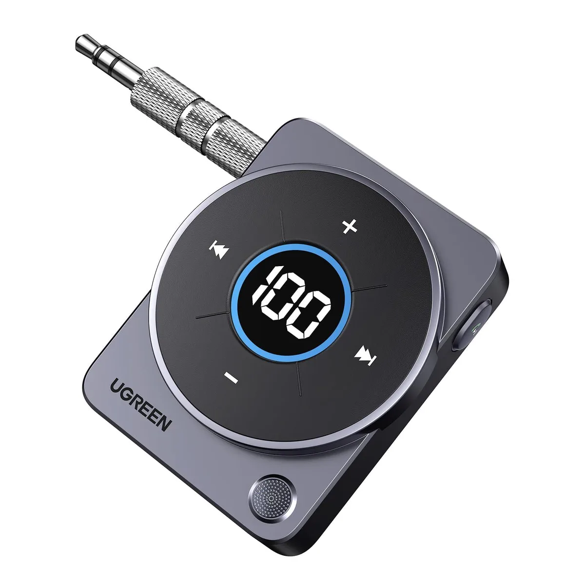 Small black plastic Bluetooth 5.4 adapter with LED display and 3.5mm aux cable