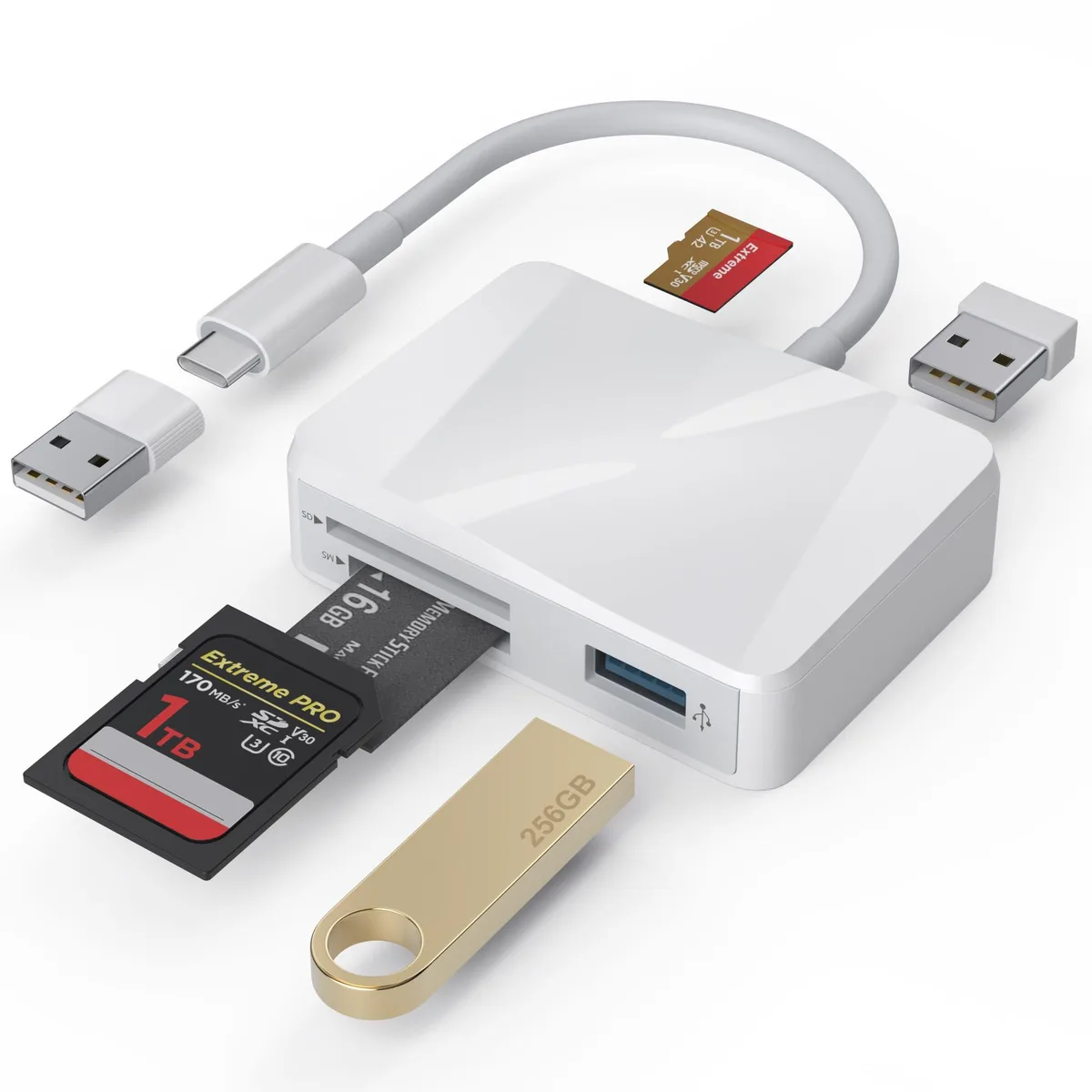 Small white rectangular card reader with USB-C plug and removable USB-A adapter, three card slots on one side